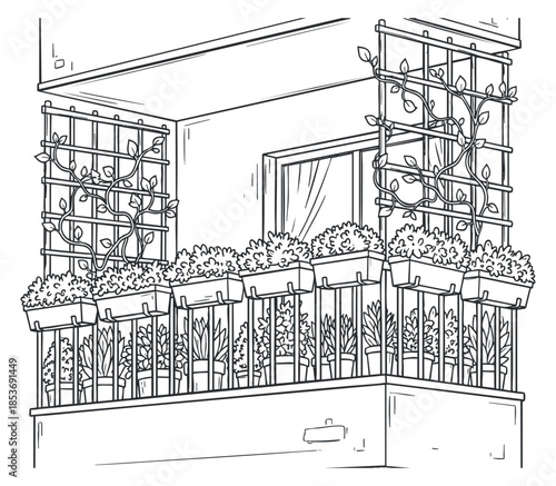 A balcony filled with potted plants and vines in outline sketch vector style, perfect for home decor and gardening projects