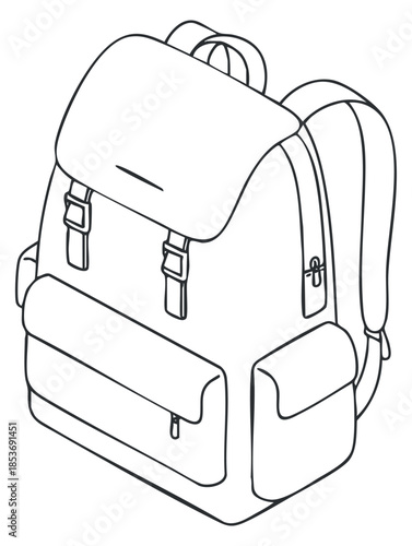 A stylish backpack with multiple pockets and zippers in clean outline vector style, ideal for travel and school-related designs