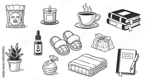 A collection of wellness and relaxation items including a facemask, candles, coffee, books, and slippers in a black and white vector style, perfect for spa and self-care branding