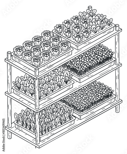 A detailed illustration of a vertical plant shelf with various trays of seedlings in black and white outline style, suitable for gardening and agriculture themes