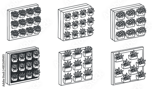 A collection of outlined succulent plant pots in minimalist vector style, ideal for gardening and home decor projects
