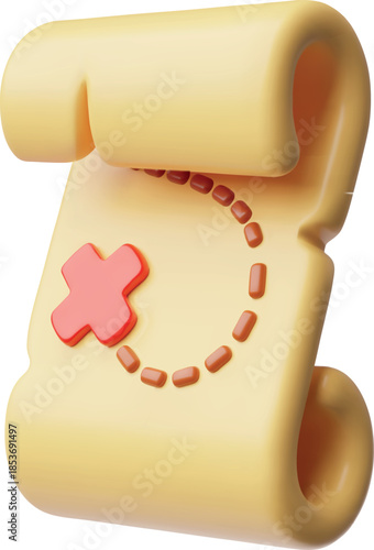 Ancient game map parchment with cross marked destination realistic 3D plastic style vector icon, papyrus ripped edges