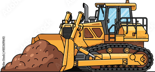 Vector Illustration of a Yellow Bulldozer Pushing a Large Pile of Dirt and Earth on White Background