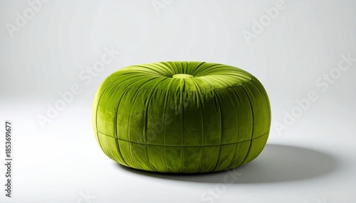 Stylish Green Velvet Pouf on White Background.