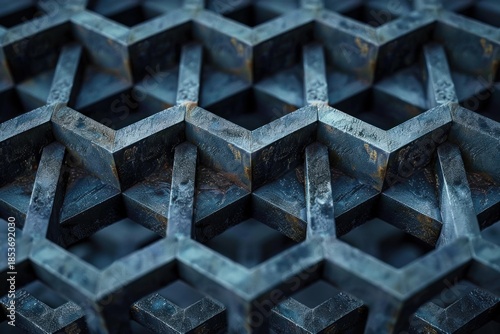 Close up of a metallic hexagonal grid structure forming an intricate and textured pattern, showcasing industrial design and geometric precision