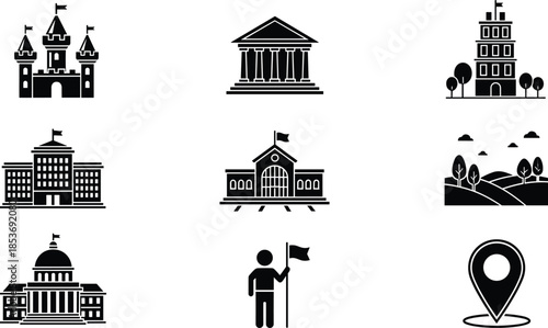 Landmark and building icon set, castle government school landscape location symbols, architecture illustration for travel, city planning and tourism design