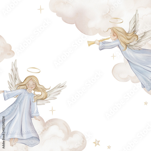 Square Frame watercolor illustration with angel with nimbus. Postcard for Christmas or Christian Nativity for religious baptism. Hand drawn illustration clouds and stars