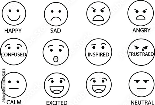 Emotion face icon set, happy sad angry confused inspired frustrated calm excited neutral expressions, simple outline emoji collection
