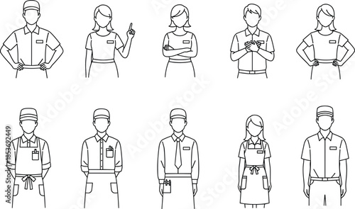 Service worker line icons, retail staff illustrations, uniform employee characters, customer service people, outline occupational figures, professional job role symbols