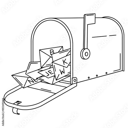 Mailbox overflowing with letters and envelopes in a simple line art style