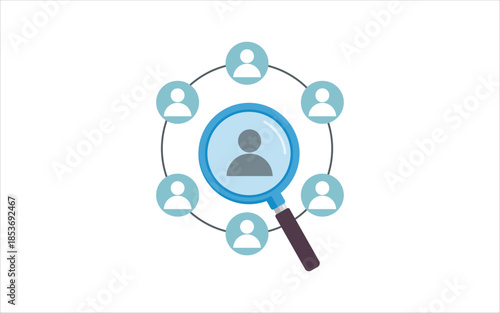 Hiring and recruitment concept. we're hiring. magnifying glass selecting a candidate from a group of people icons. employee selection, HR recruitment. Flat illustrator vector file. high quality photo