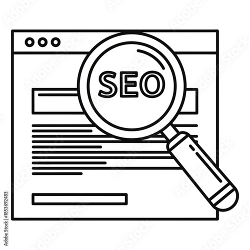 A magnifying glass focuses on the term SEO within a browser window, emphasizing search engine optimization