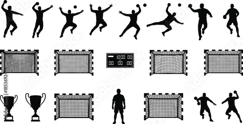 Handball player silhouettes, action poses, goal nets, trophies, scoreboard, sports icons collection for competition, athletic training, professional handball design elements