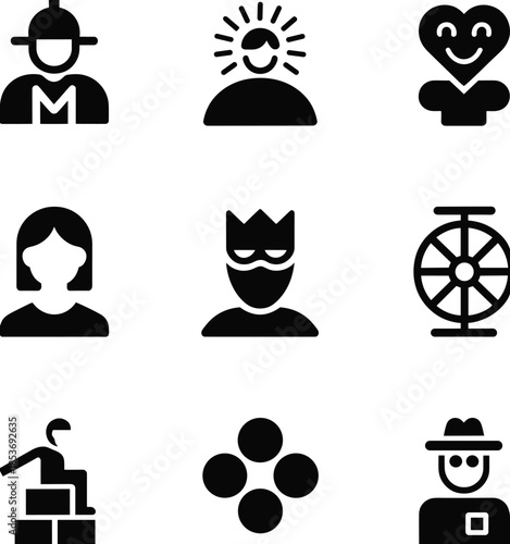 Character icons set, sun person symbol, heart face figure, female avatar, masked king, wheel icon, climbing figure, dots group, hat man illustration