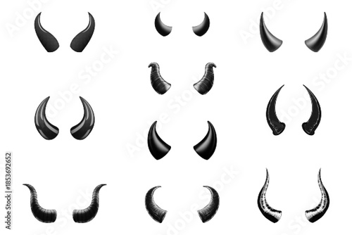 Black and white halftone illustration set of curved horns in different shapes. Fantasy and devil horn collection for costume design, character creation, Halloween, gothic, and graphic use.