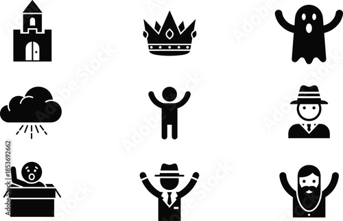 Castle icon, royal crown symbol, ghost silhouette, storm cloud, business characters, surprised figure, diverse people icons, minimal black vector set