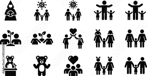 Family care icons, parenting symbols, child safety graphics, community support illustrations, love and protection concepts, vector silhouettes for social welfare projects