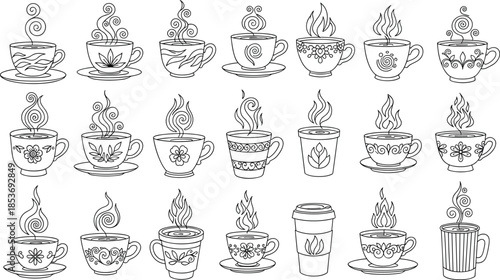 Hand-drawn coffee cup illustrations, decorative hot beverage mugs, doodle style tea designs, vector outline set for café branding and creative projects