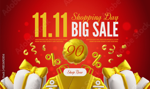 3D online mega sale banner, 11.11, with inflatable gift boxes, balloons, confit, and bags.
