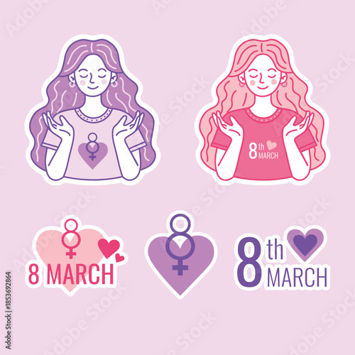 Two sticker women with 8th March and female symbol. International Womens Day celebration. Abstract female character for holiday card design.