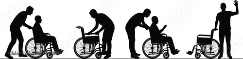 Caregiver assisting wheelchair user silhouette sequence illustrating disability support, rehabilitation care, independence journey, medical assistance, and inclusive healthcare 