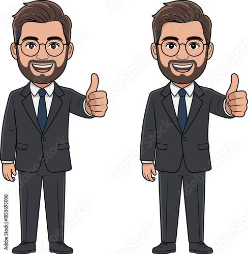 businessman, man, suit, beard, glasses, thumbs, up, gesture, friendly, character, corporate, office, illustration, vector, design, cartoon, icon, professional, smiling, confident