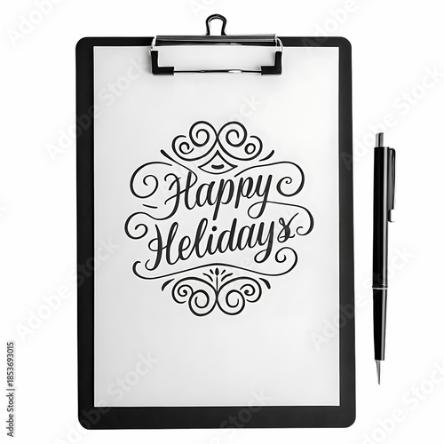 A black clipboard holding a paper with a beautiful 