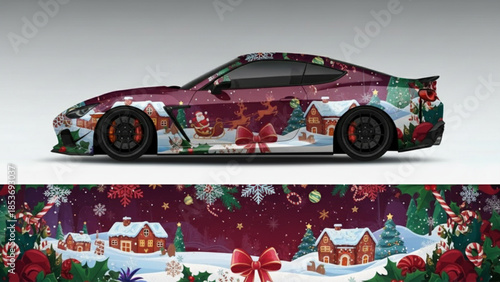 Luxury sports car wrapped in a vibrant Christmas holiday scene with Santa, reindeer, snow, and festive decorations.