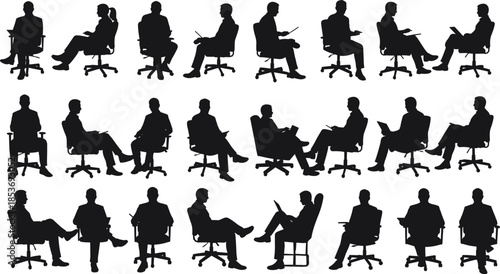 Businessman silhouette sitting on office chair, reading document, working on laptop, corporate professional, office environment, productivity, focused, leadership, strategy