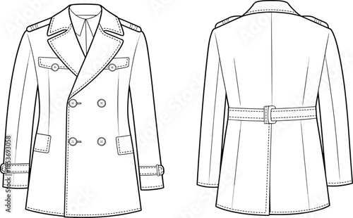 CAD drawing flat vector illustration, double breasted coat front and back, fashion design template, apparel sketch, clothing mockup, garment technical illustration