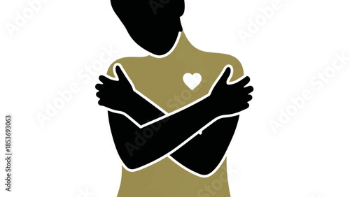 Minimalist icon of a person hugging themselves. Self-love and self-care concept. Flat design vector illustration for mental health and wellness