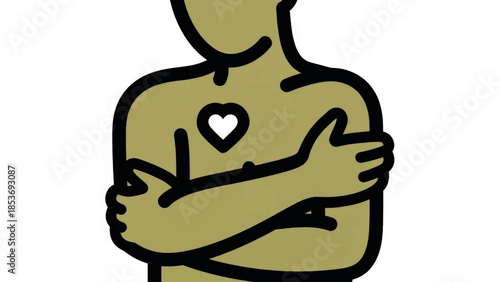 Self-care and self-love icon. Minimalist illustration of a person hugging themselves with a heart symbol. Bold line art vector graphic for mental wellness