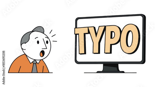 Shocked cartoon man sees a typo on a computer screen. Humorous vector illustration about writing errors and proofreading mistakes. Minimalist flat design graphic