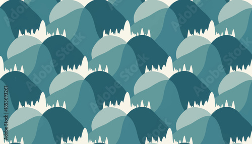 Abstract seamless wave pattern. Layered rolling hills or ocean sea background. Simple flat vector illustration in blue and teal tones