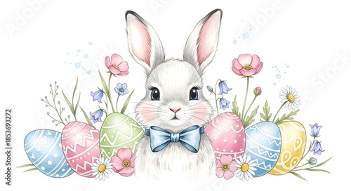 Whimsical Watercolor Easter Bunny with Blue Bow Tie in a Meadow of Wildflowers and Speckled Eggs