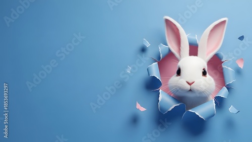 Fluffy White Easter Bunny Peeking Through Torn Blue Paper Hole Banner