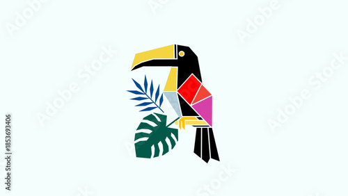 Geometric Toucan with Tropical Leaves – Vibrant Abstract Bird Illustration