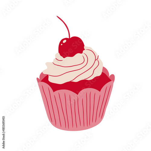 Pink cupcake with whipped cream and cherries. Vector icon