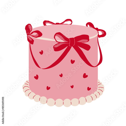 Festive cake with ribbons, bows, and hearts. Girly cake, feminine illustration. Party, birthday, wedding design