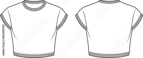 CAD drawing flat vector illustration of cropped t-shirt with ribbed collar, sleeves, and hem, casual summer wear, fashion technical sketch.