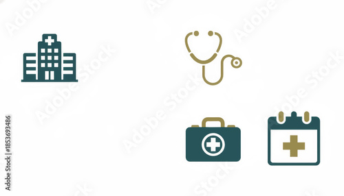 A set of minimalist icons for healthcare and medical services. Flat design vector symbols for a hospital, stethoscope, and appointments. Graphic elements for web and UI design