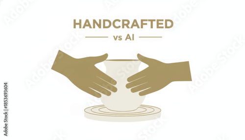 Handcrafted vs AI concept illustration. Hands shaping clay pot on pottery wheel. Minimalist vector design