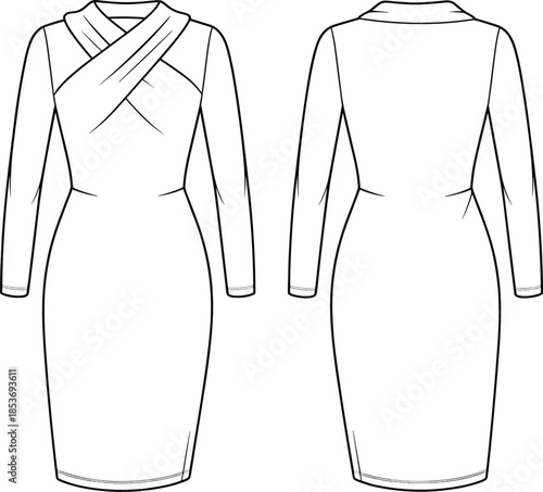 CAD drawing flat vector illustration of women's long sleeve dress, fitted pencil silhouette, criss-cross neckline design, fashion technical sketch, clothing template.