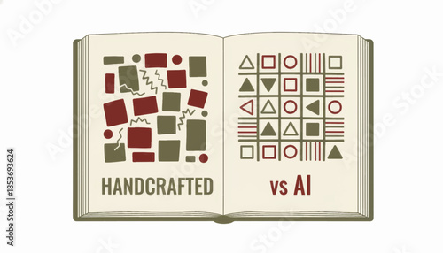 Handcrafted vs AI sketchbook comparison concept. Vector illustration of organic chaos versus structured order. Human creativity against artificial intelligence design