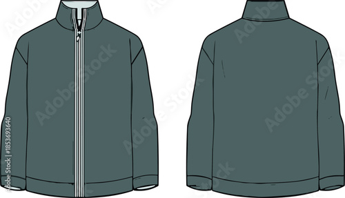CAD drawing flat vector illustration of front and back view windbreaker jacket, technical fashion sketch, apparel design template, unisex outerwear.