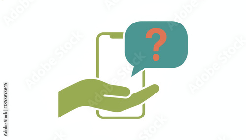 Hand holding smartphone with question mark speech bubble. Customer support and mobile help concept. Minimalist flat vector icon