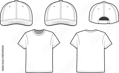 CAD drawing flat vector illustration of baseball cap and t-shirt front back view, fashion template, apparel mockup, design sketch.