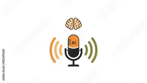 AI voice control concept with microphone and brain. Artificial intelligence speech recognition vector icon. Flat design illustration of smart voice assistant isolated on white background
