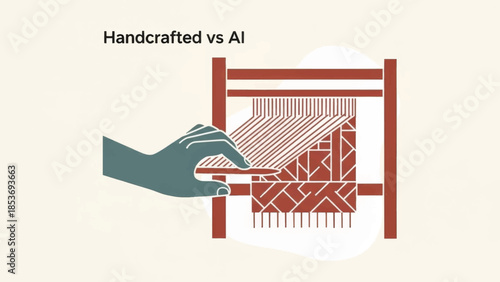 Handcrafted vs AI weaving loom concept. Human hand creating textile pattern versus technology. Minimalist flat vector illustration