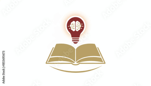 AI in education concept with open book and lightbulb. Artificial intelligence brain symbol. Minimalist vector illustration